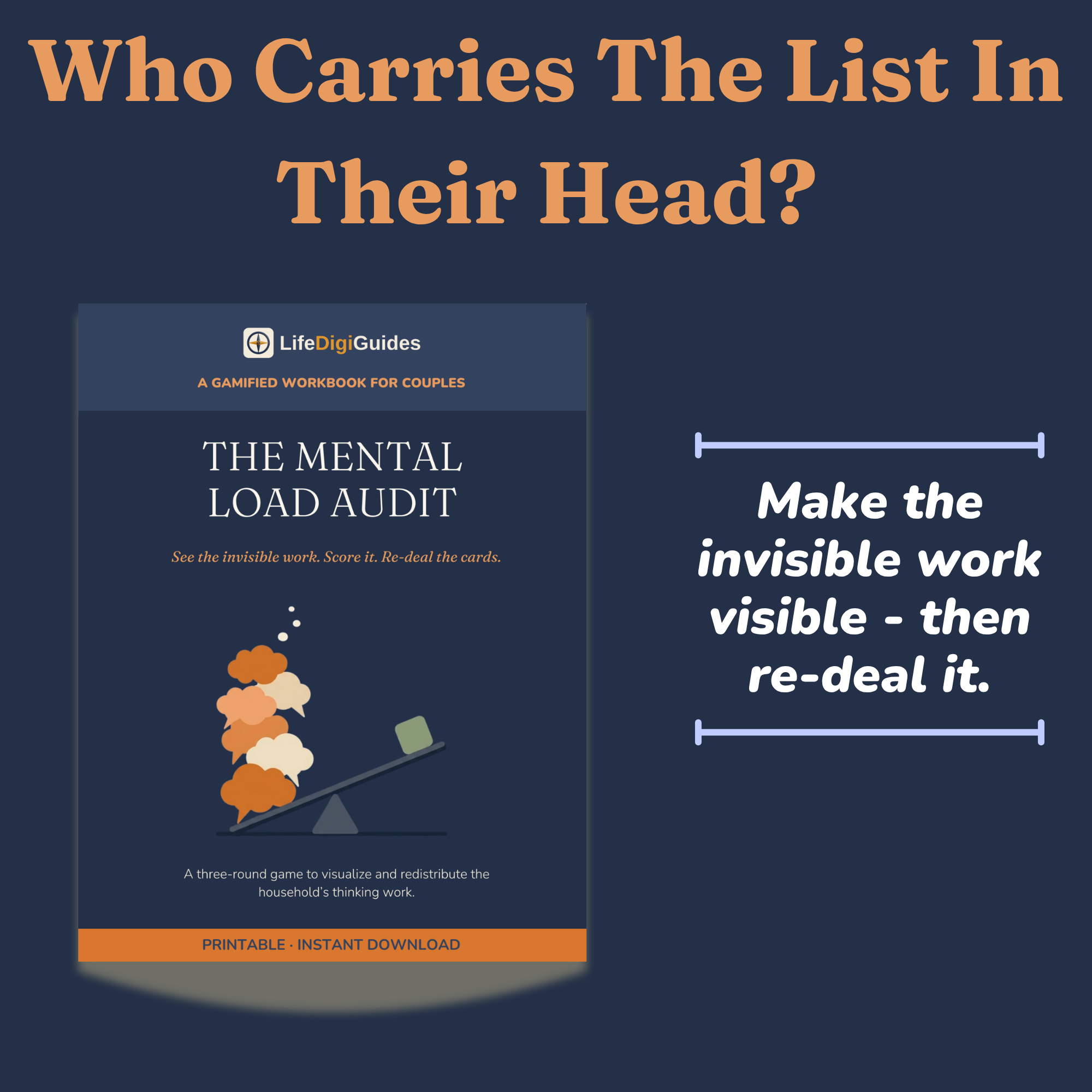The Mental Load Audit printable workbook cover with tilted seesaw of thought bubbles