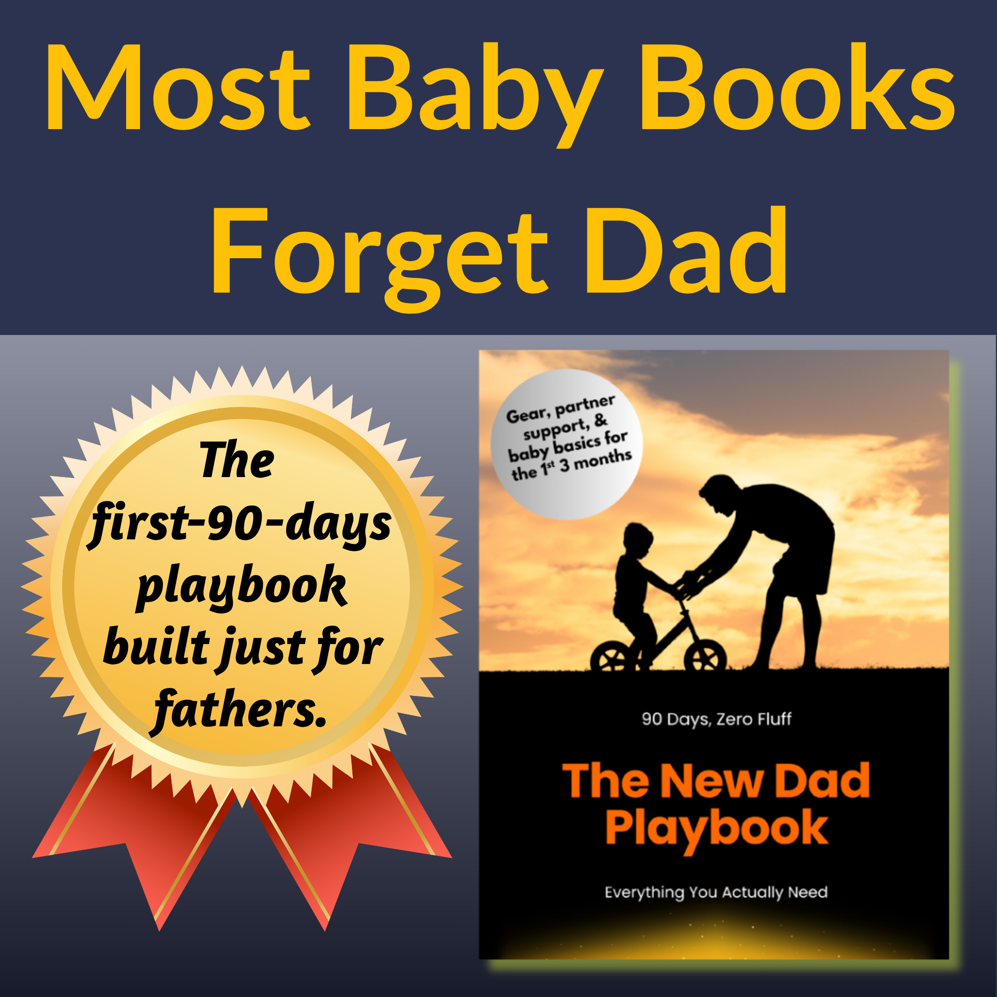 Book cover of 'The New Dad Playbook' with a silhouette of a father and child, set against a sunset background.