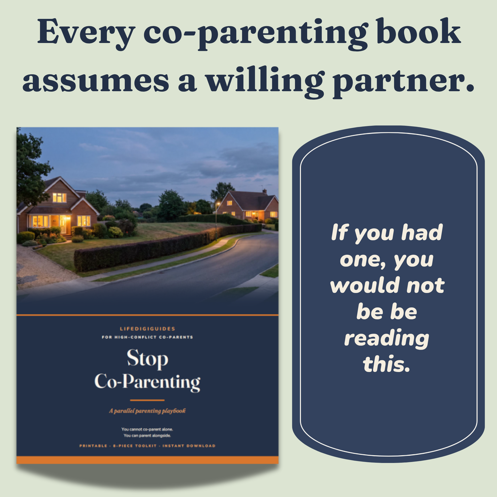 Stop Co-Parenting guide cover — two lit houses at dusk with a navy title panel