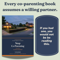 Stop Co-Parenting guide cover — two lit houses at dusk with a navy title panel