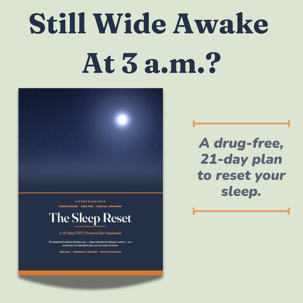 The Sleep Reset CBT-I insomnia workbook cover with a calm night sky