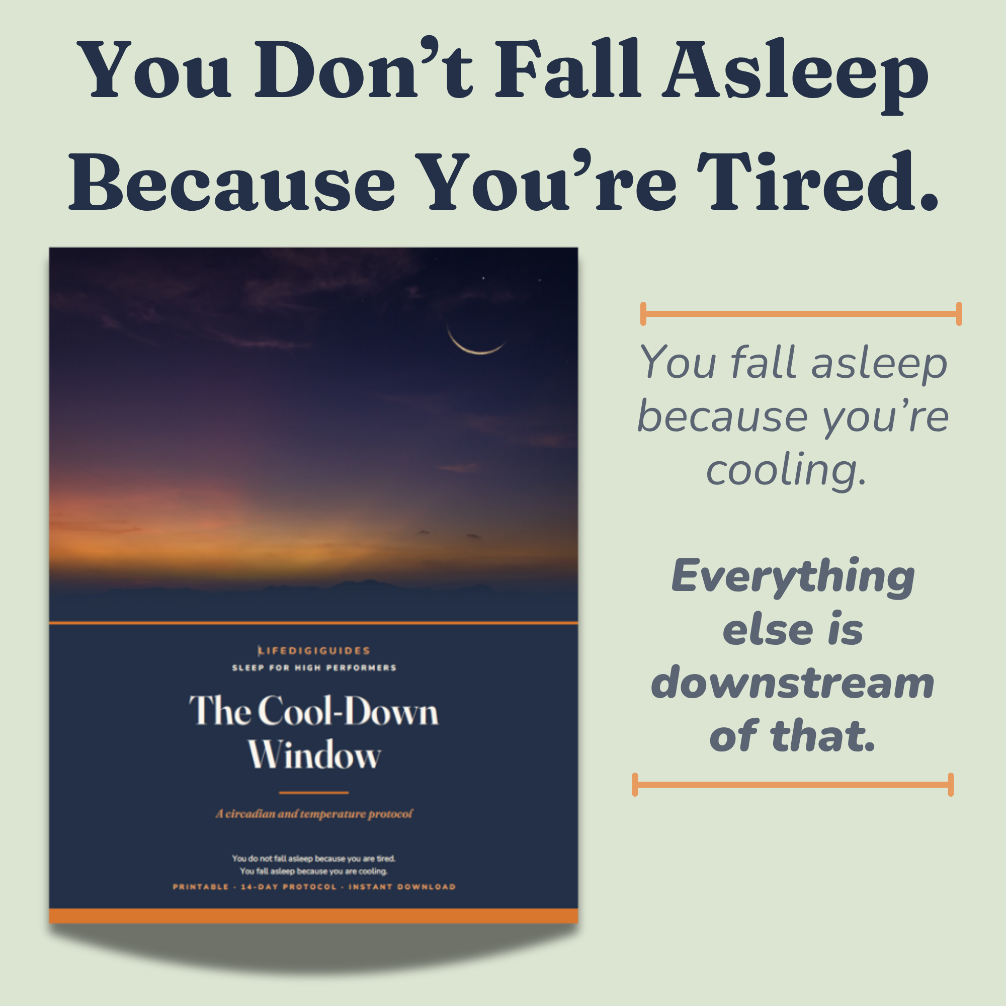 The Cool-Down Window guide cover — crescent moon over a dusk ridge, navy title panel