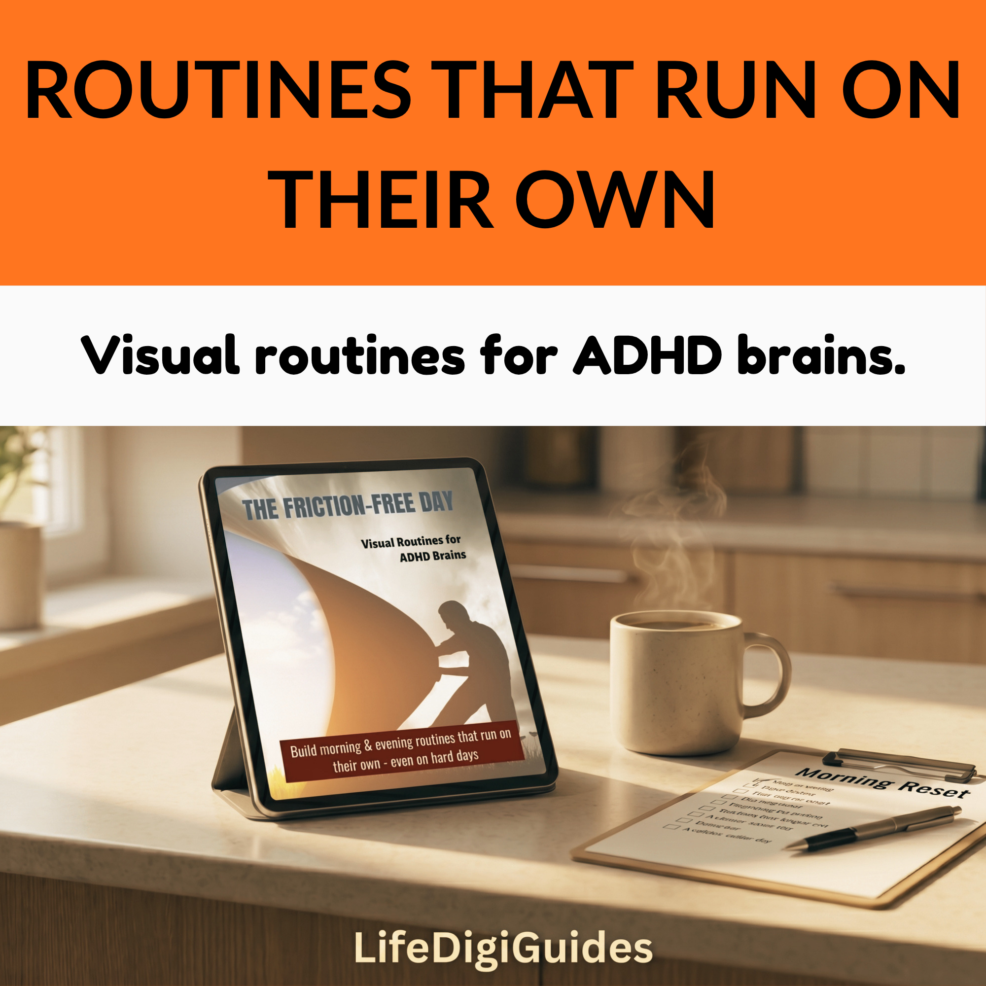 Cover of The Friction-Free Day, a printable ADHD visual routines guide, on a tablet and printed page
