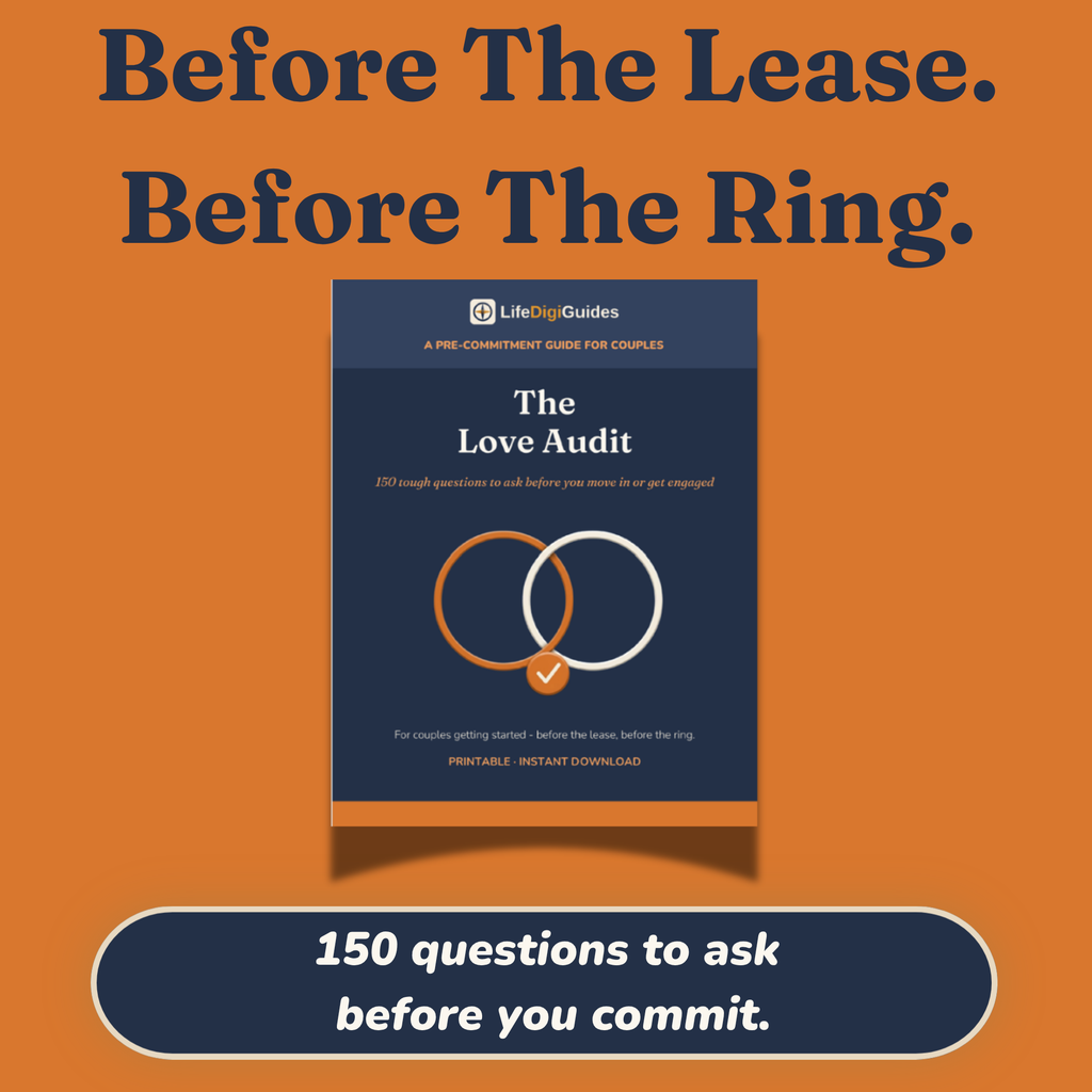 The Love Audit pre-commitment questions workbook cover for couples
