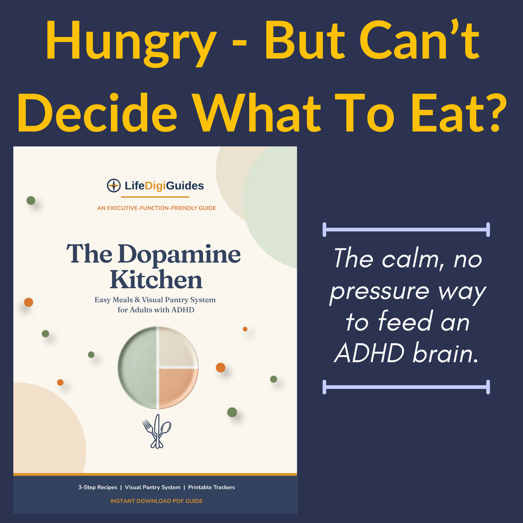 The Dopamine Kitchen ADHD meal guide cover with quarter-plate graphic and LifeDigiGuides logo on cream