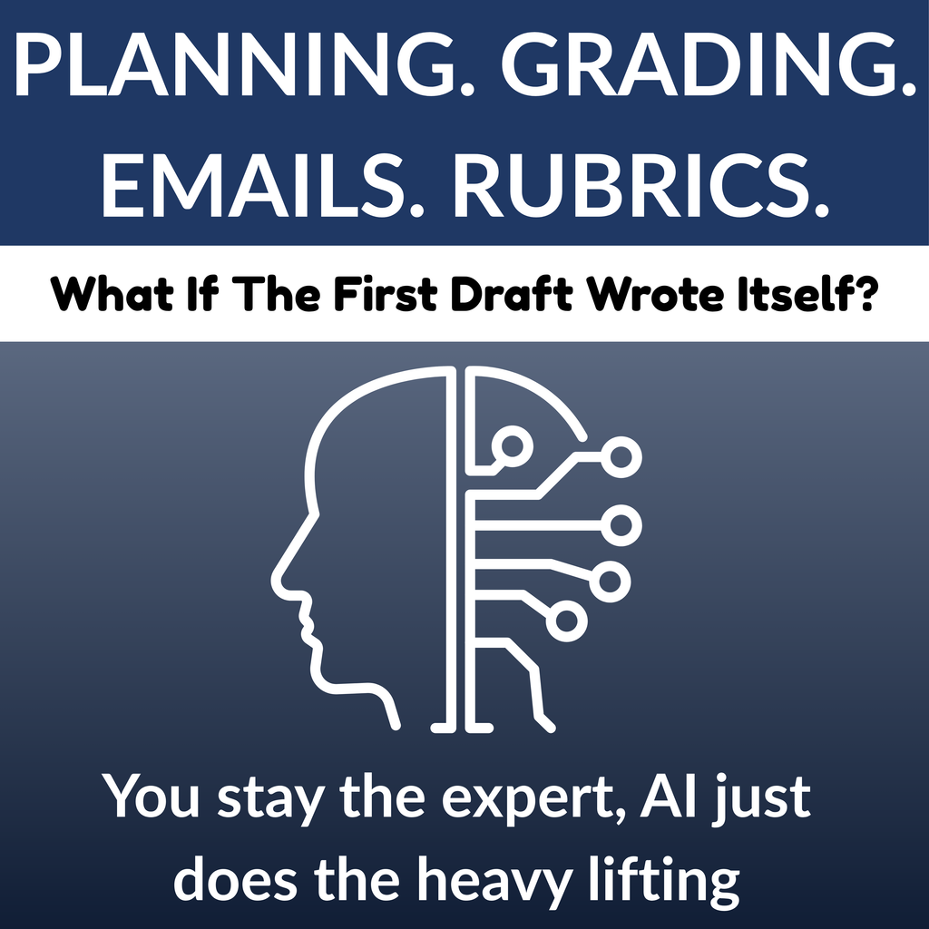 Head with circuitry on a blue background with text about AI and education.