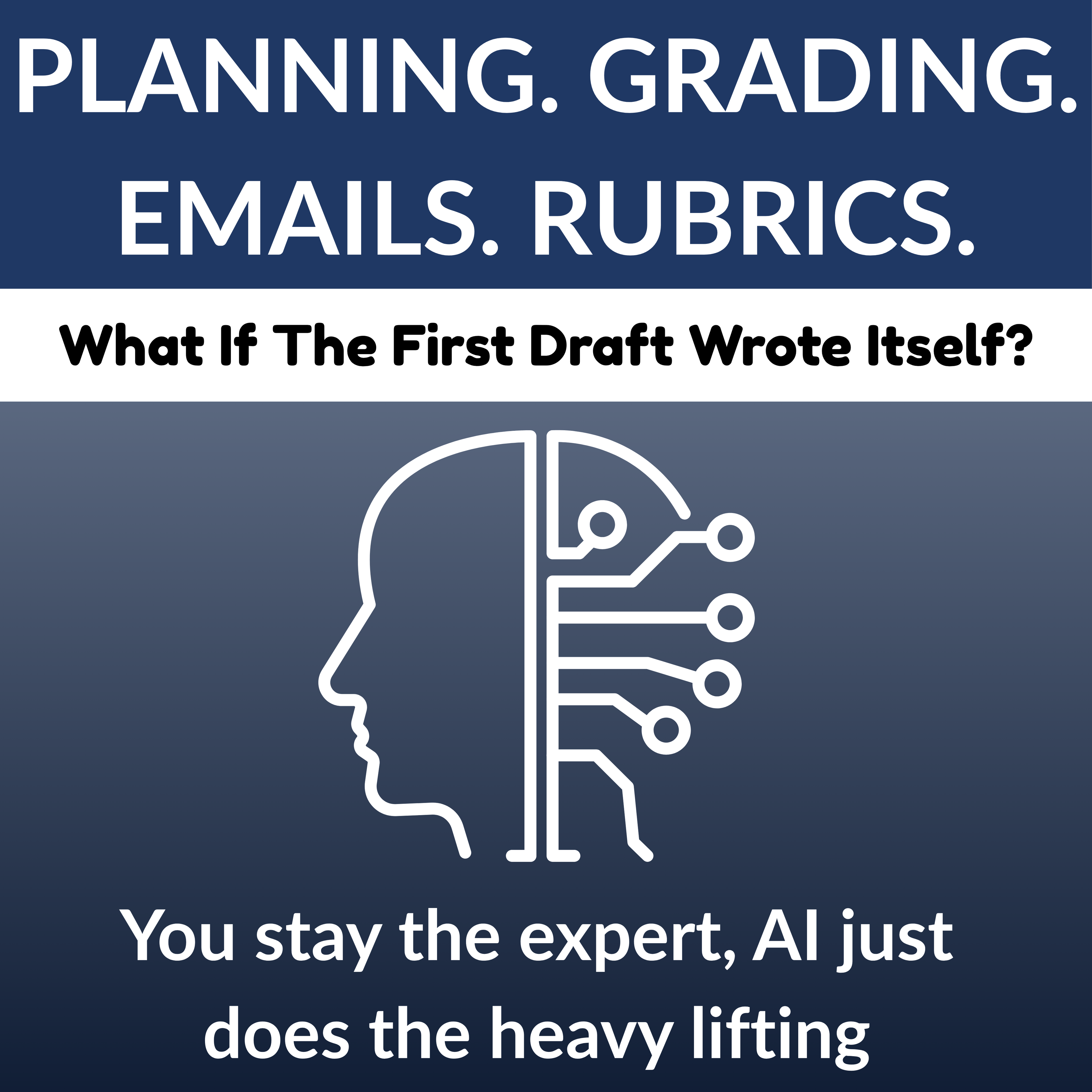 Head with circuitry on a blue background with text about AI and education.