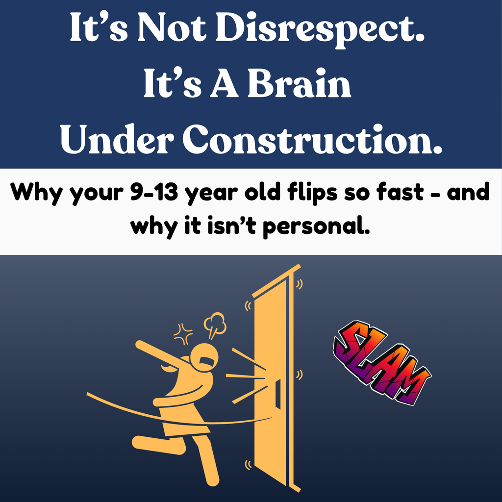 Text overlay describing tween mood swings and door slamming for parents of 9 to 13 year olds