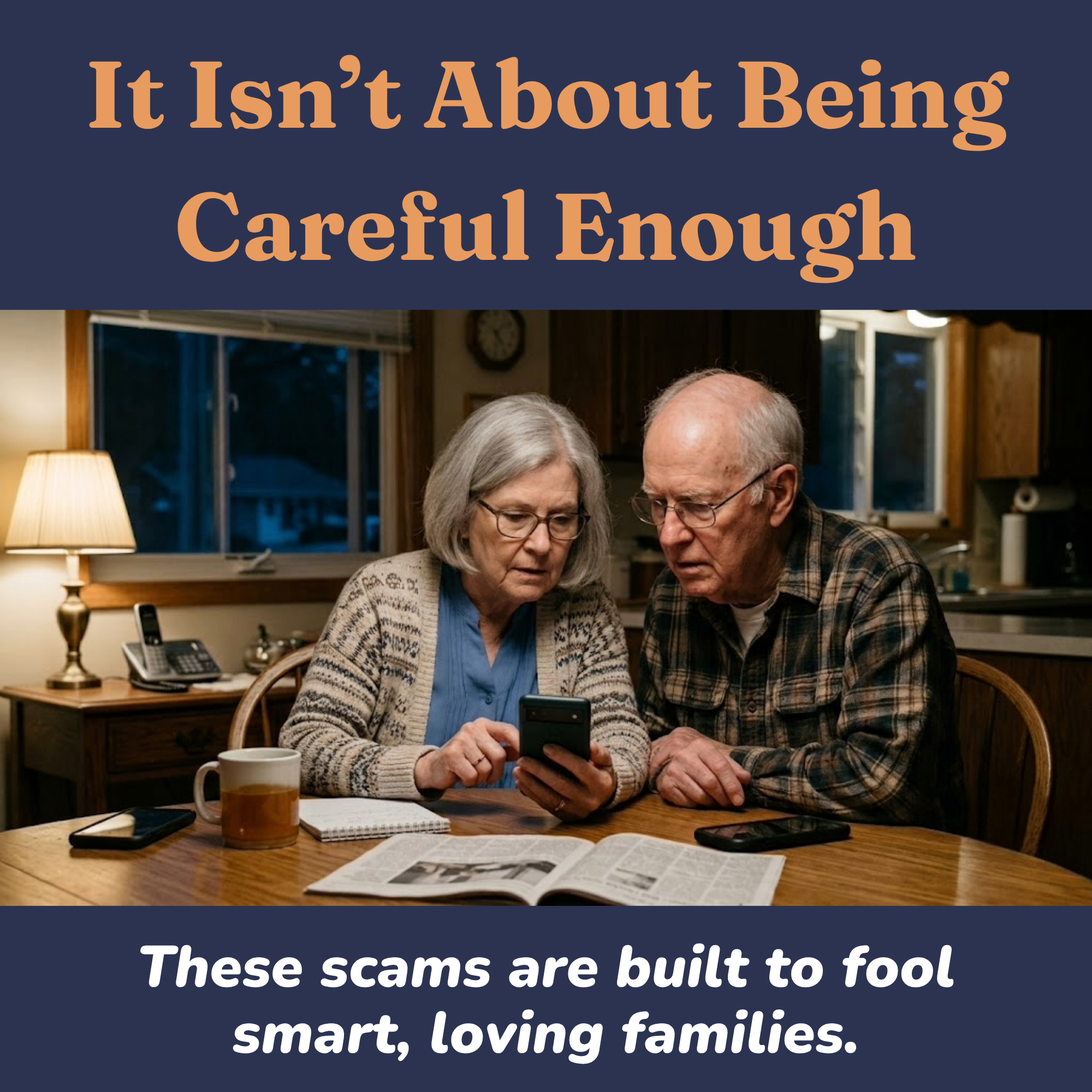 Older couple reviewing a suspicious late-night call on a phone
