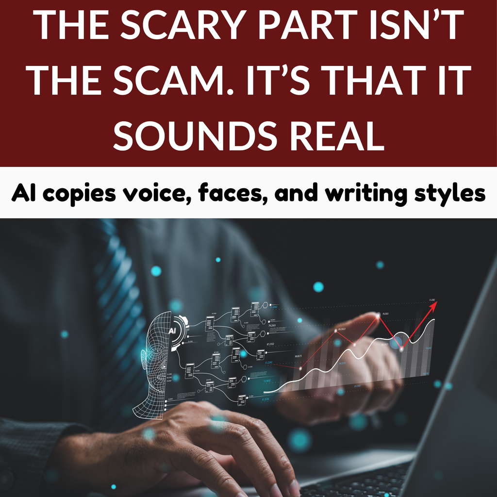 Person using a laptop with a graphic of an AI brain and text about AI copying voice, faces, and writing styles.