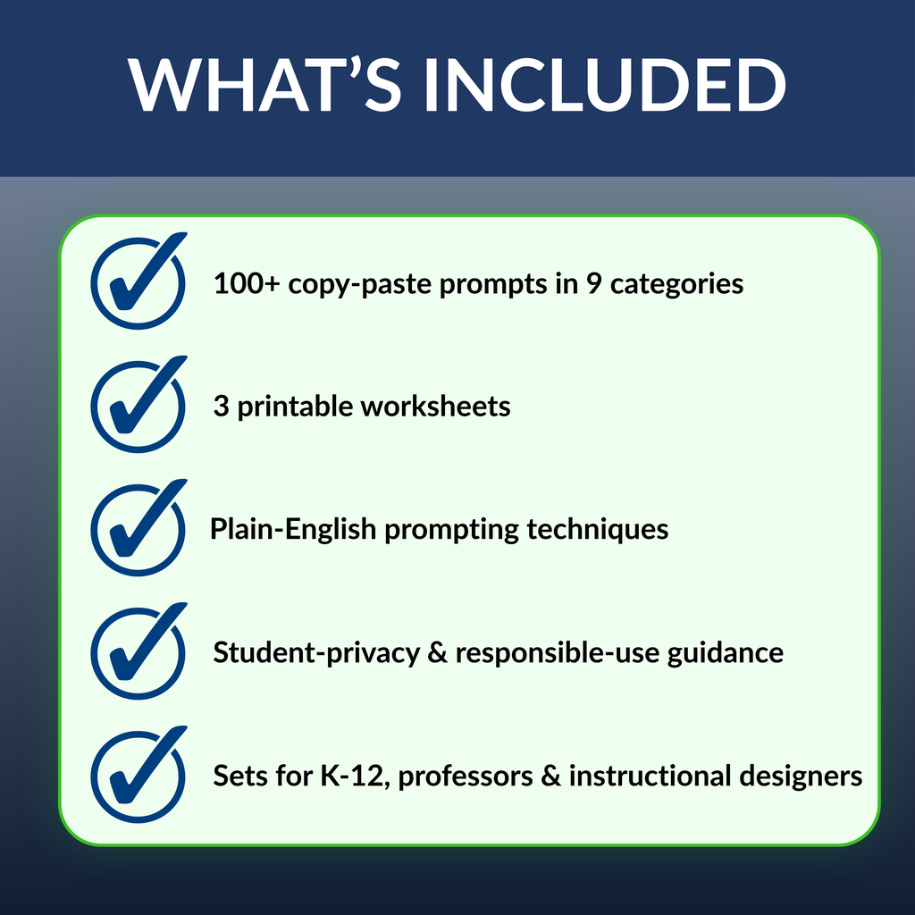 List of included items with checkboxes on a blue and green background