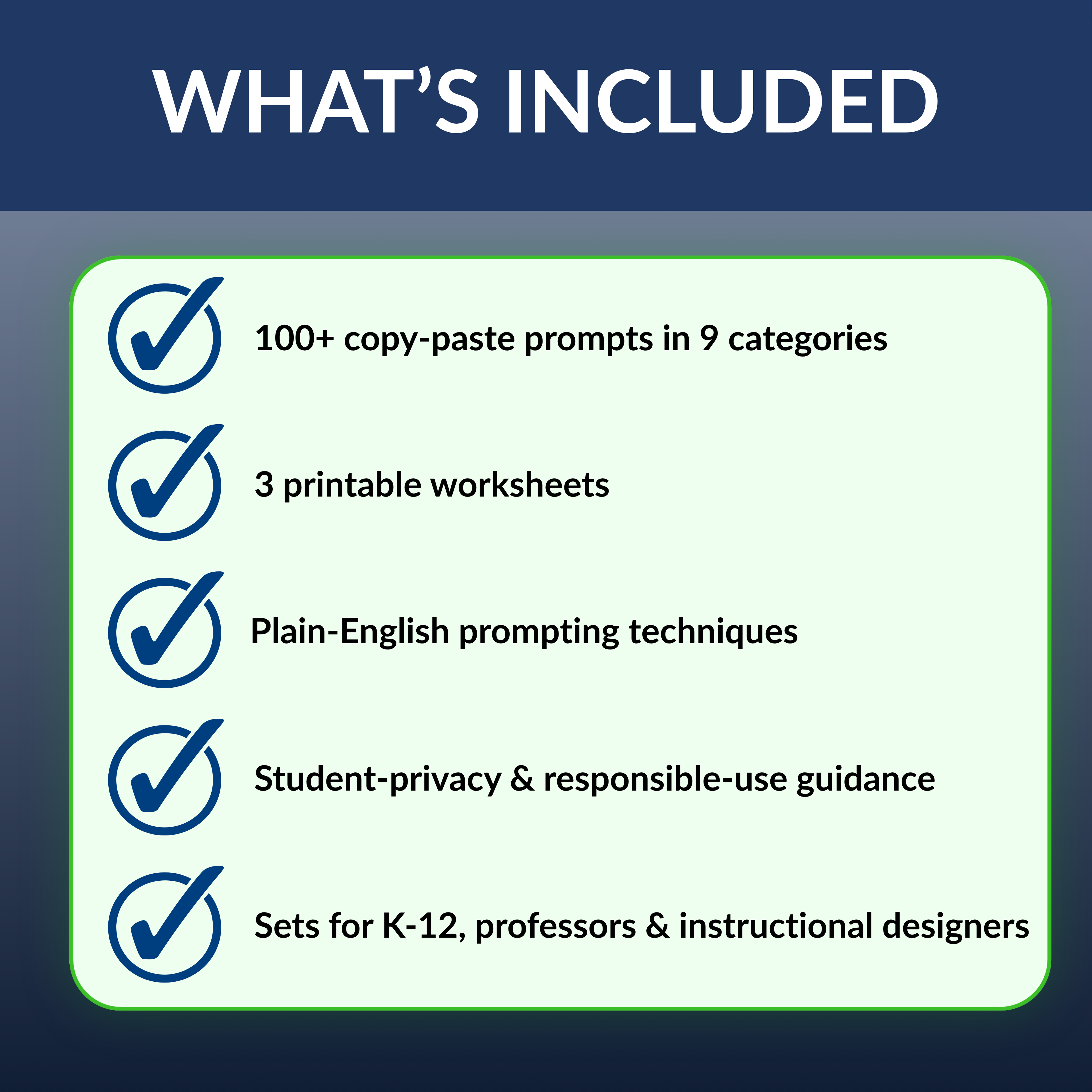List of included items with checkboxes on a blue and green background
