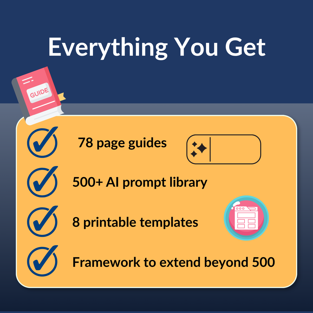 List of what's included: 78-page guide, 500+ prompt bank, 8 templates
