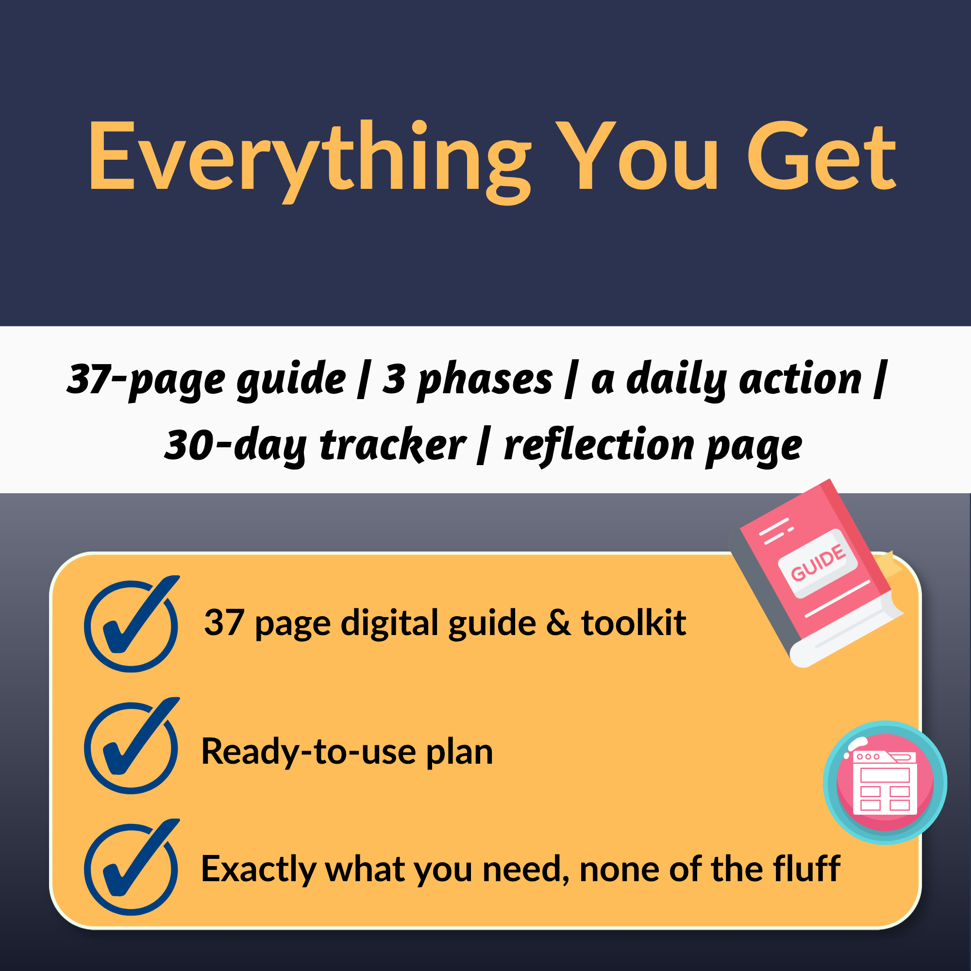Printable 30-day screen-time tracker and daily action checklist page from the guide.
