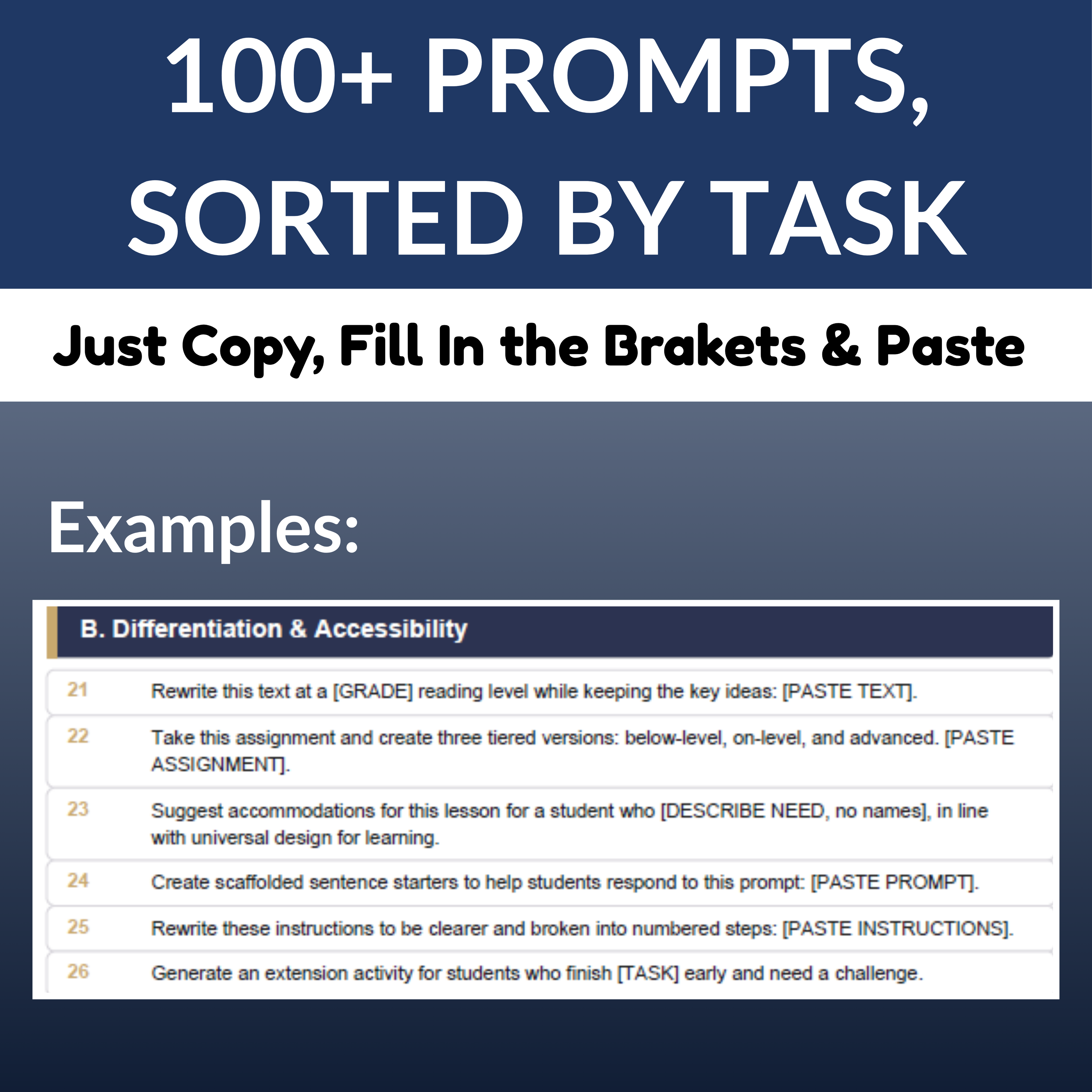 Prompts sorted by task with examples on a blue background