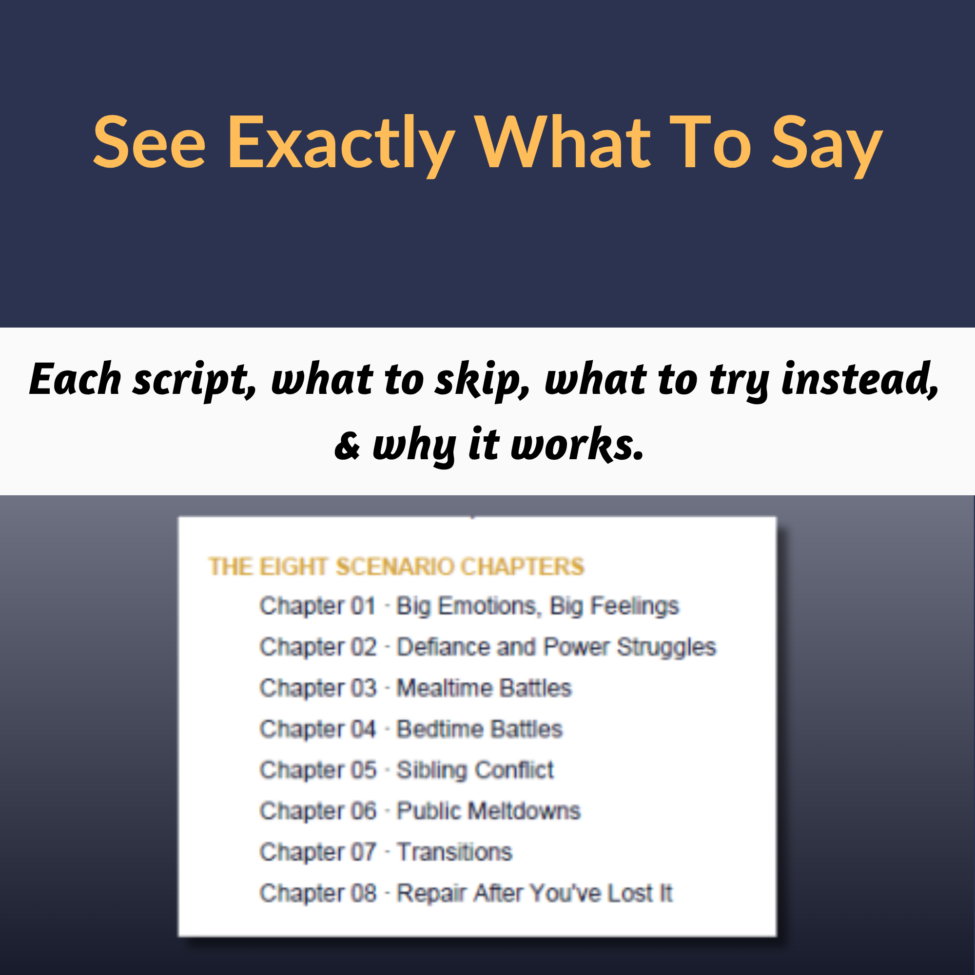 Sample page showing a gentle parenting script with what to say instead of yelling and why it works