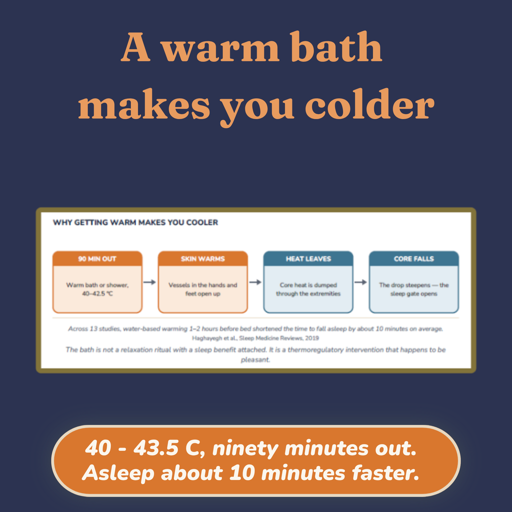 Four-step diagram showing how a warm bath accelerates the fall in core body temperature