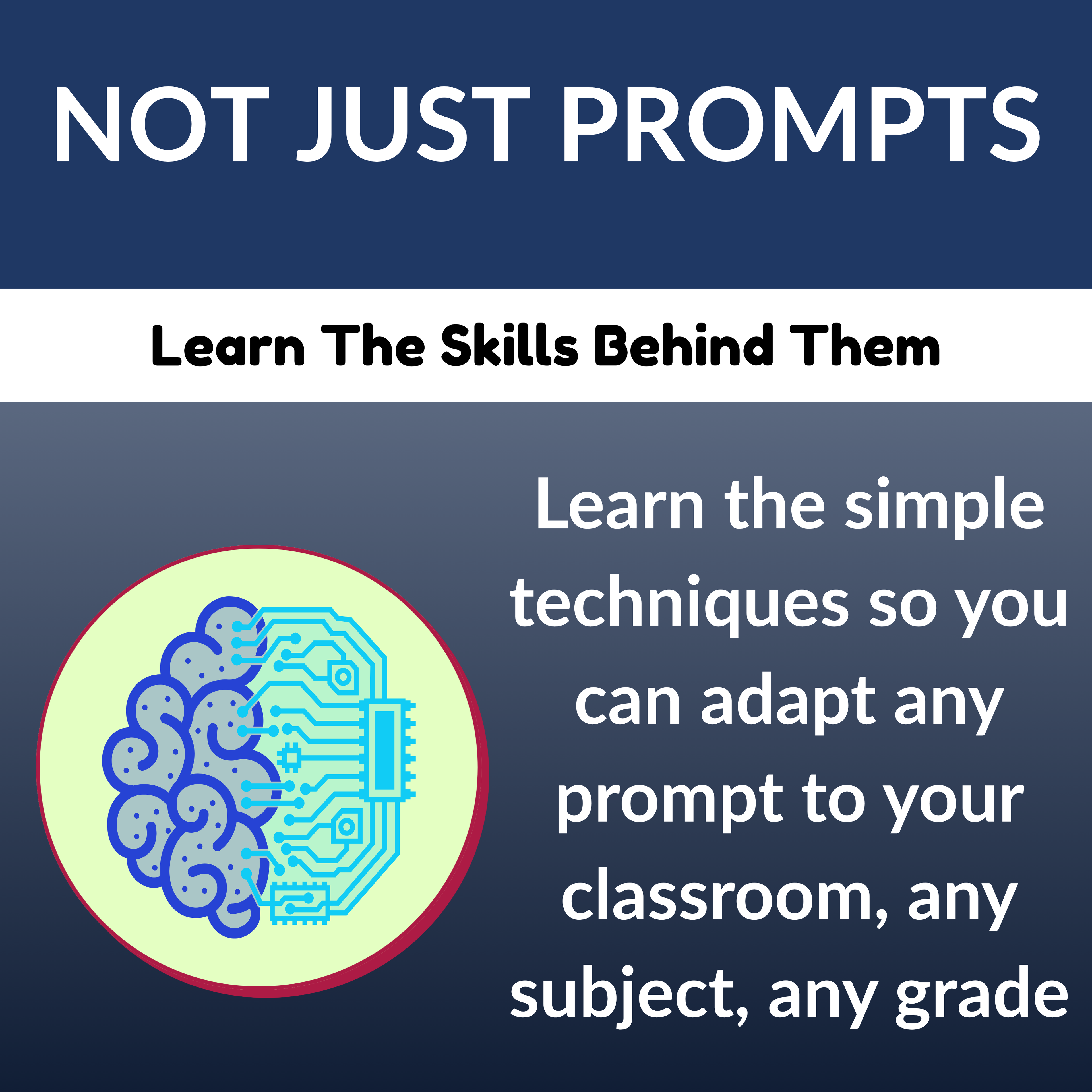 Promotional graphic with text about learning skills behind prompts for educators.