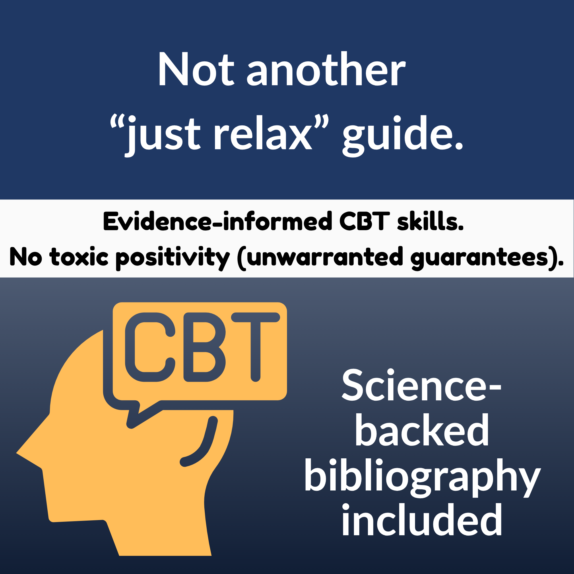 Promotional graphic for a cognitive behavioral therapy (CBT) guide with text and a silhouette of a head with 'CBT' in a speech bubble.