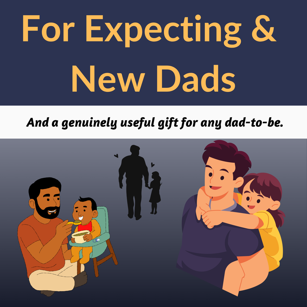 Cartoon illustration of a father and child with text about gifts for expecting and new dads.