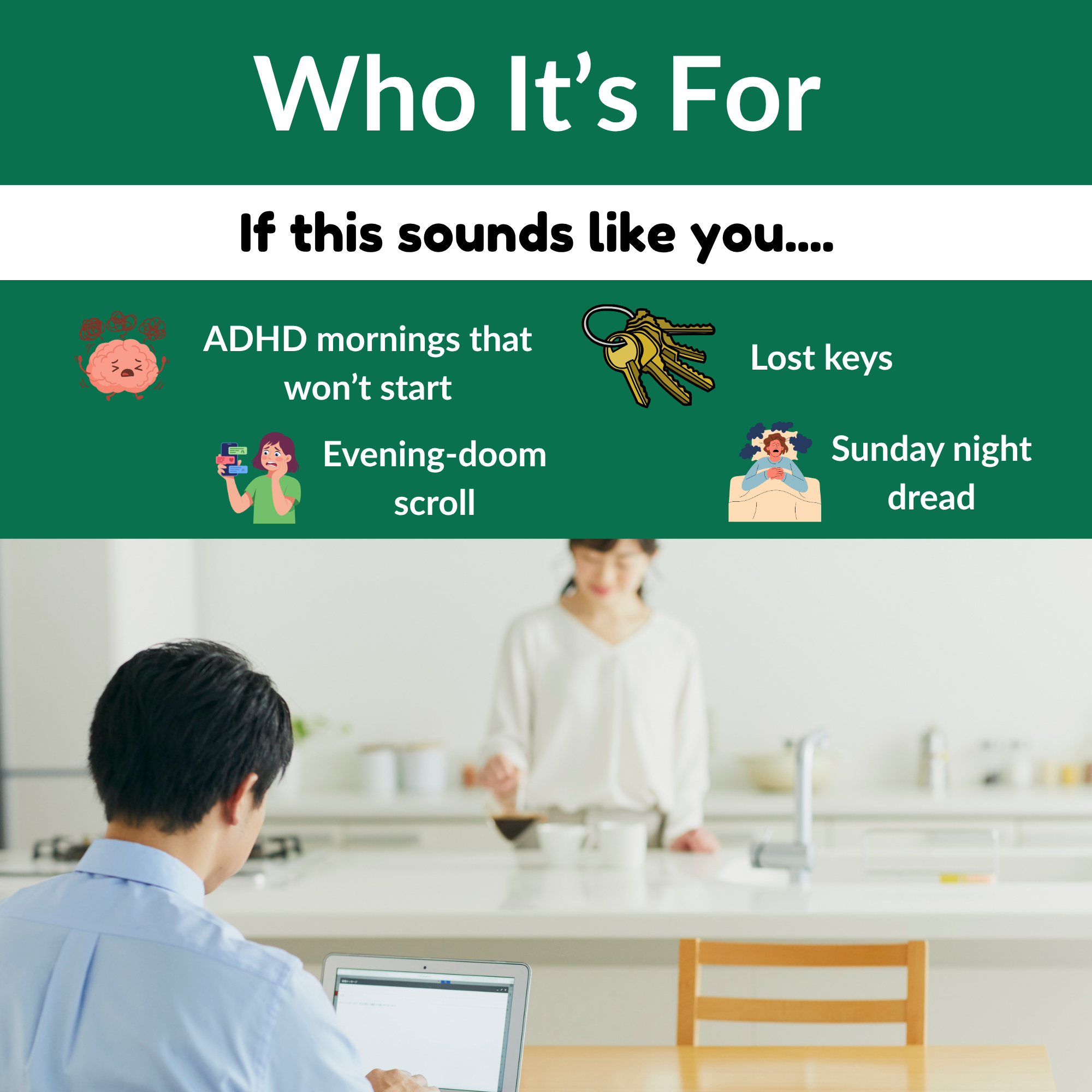 Who the ADHD routine printable is for, shown with a calm home workspace