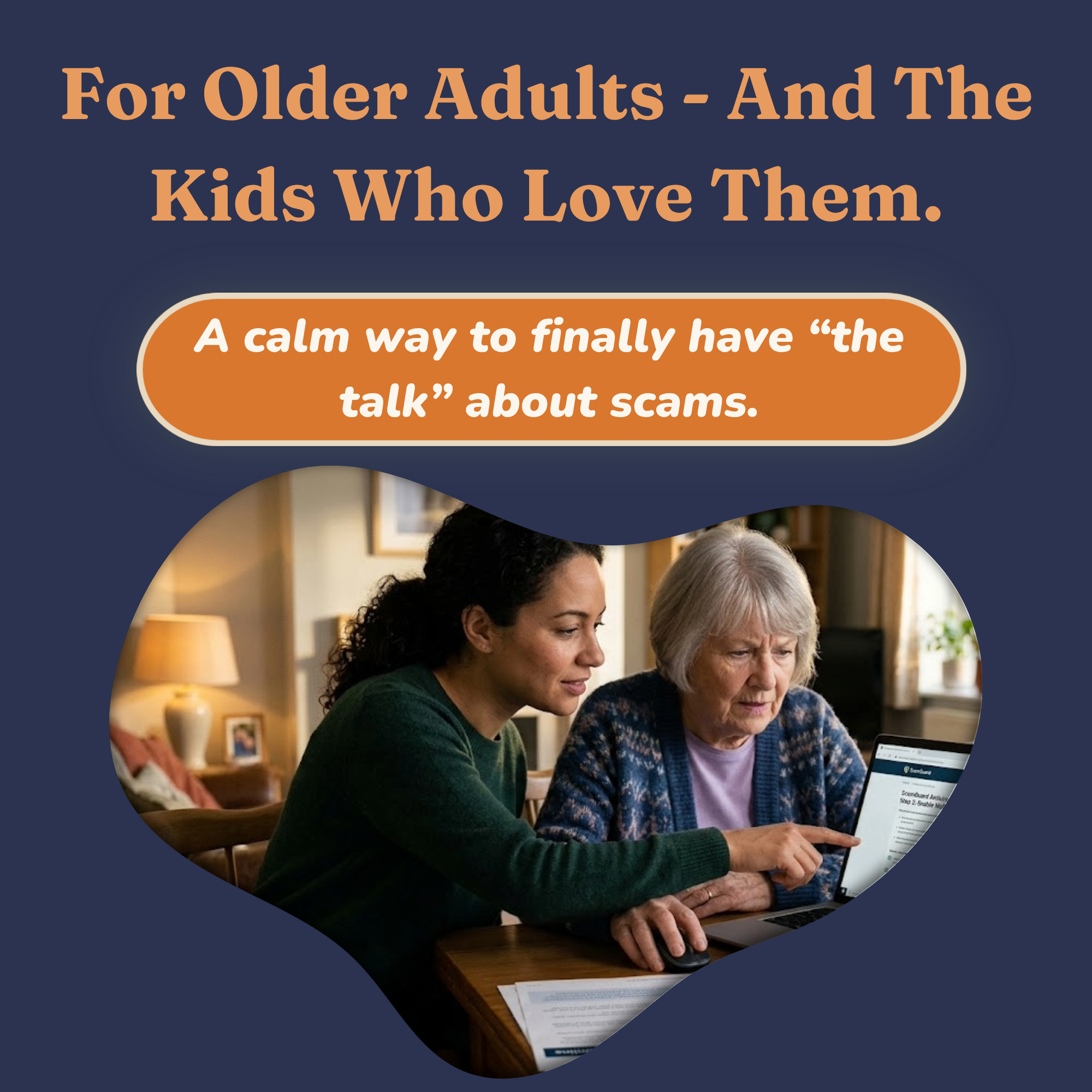 Adult daughter helping her mother set up scam protection together