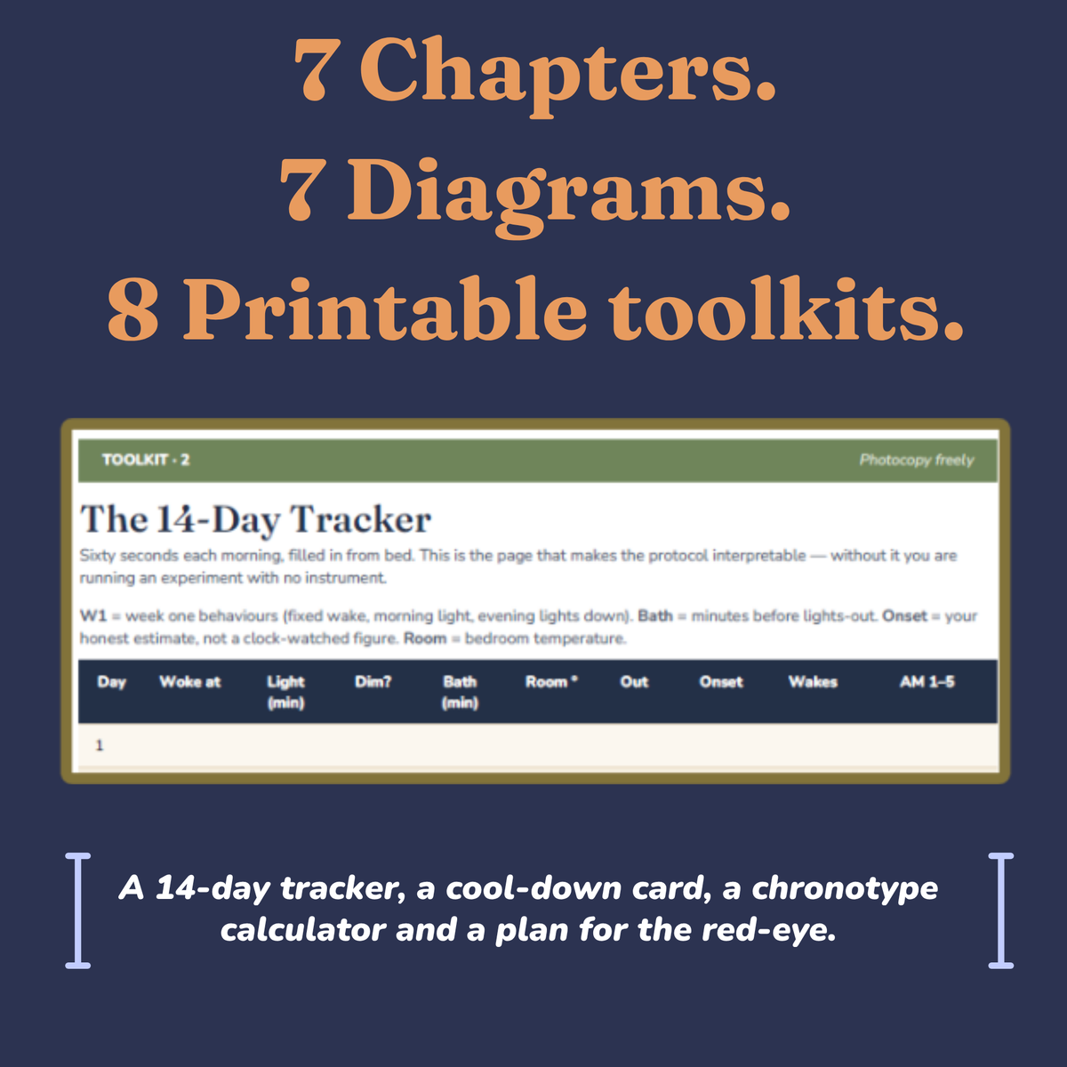 Printable 14-day sleep tracker page with columns for wake time, light, bath and sleep onset