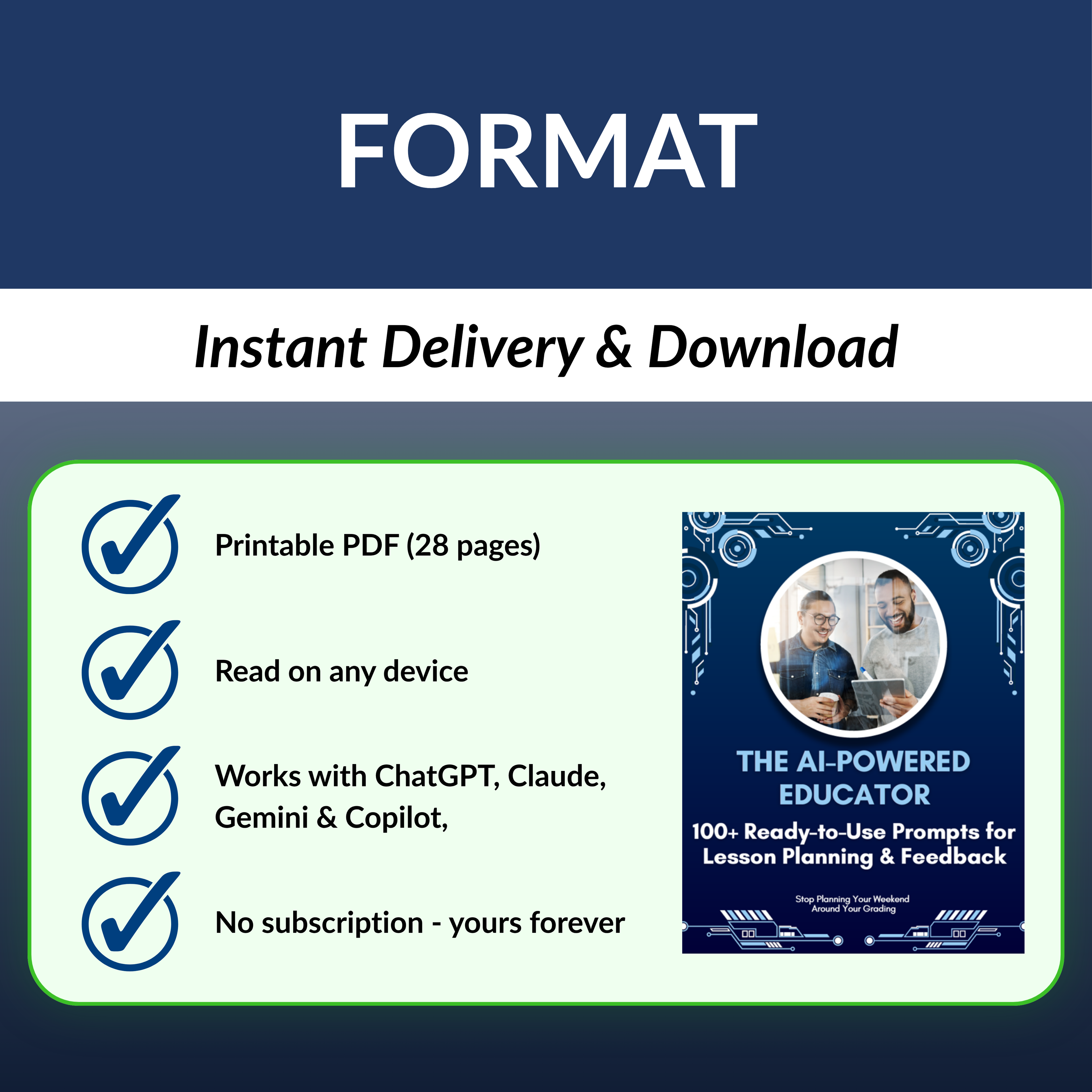 Promotional graphic for an AI-powered educator resource with features and a preview of the product.