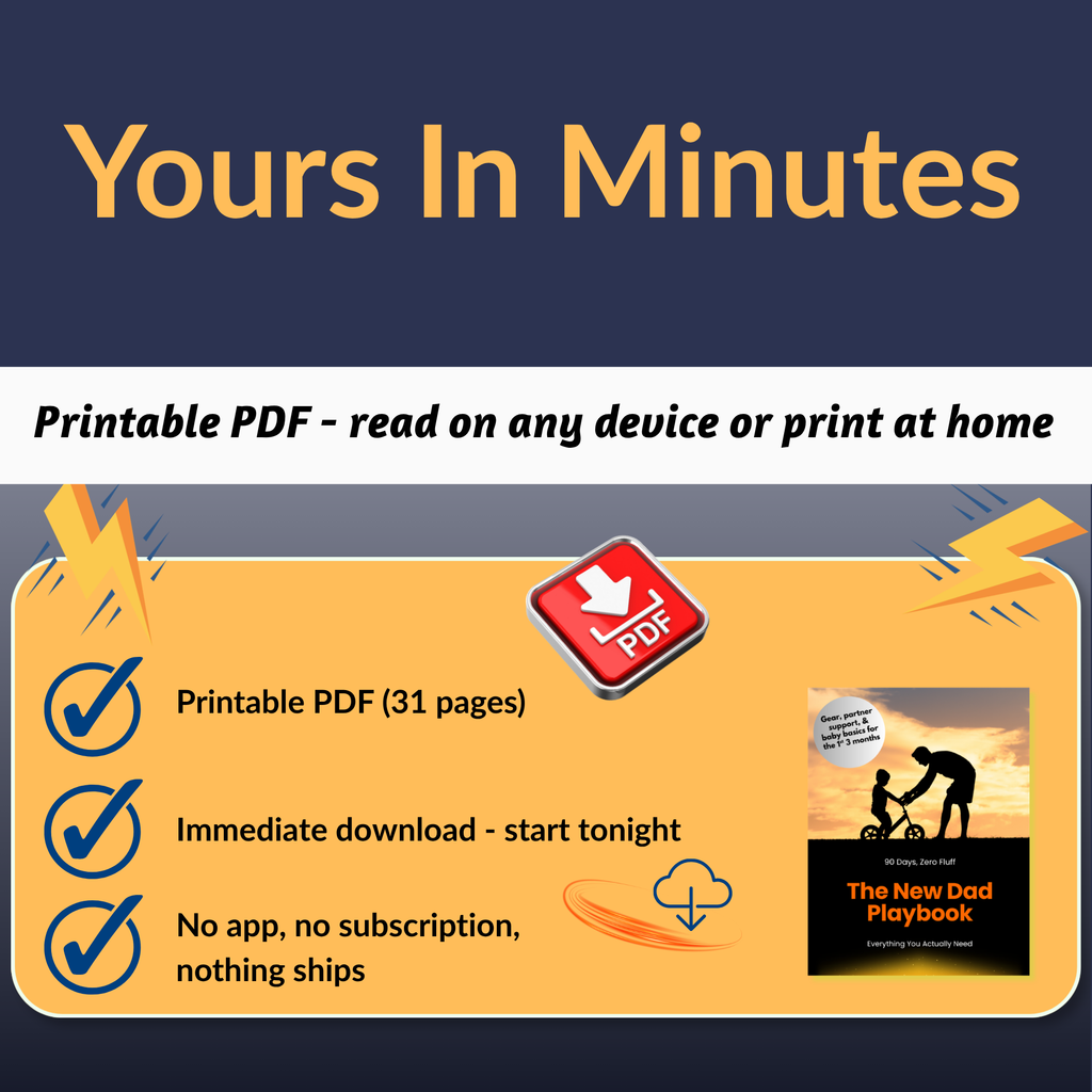 Promotional graphic for a printable PDF titled 'The New Dad Playbook' with text about quick download and home printing.