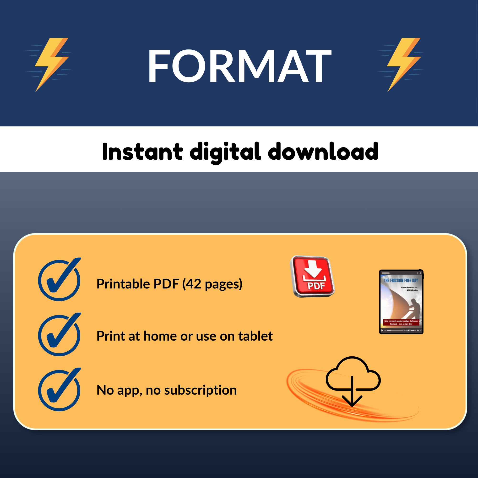 Instant digital download and print-at-home format details for the PDF guide