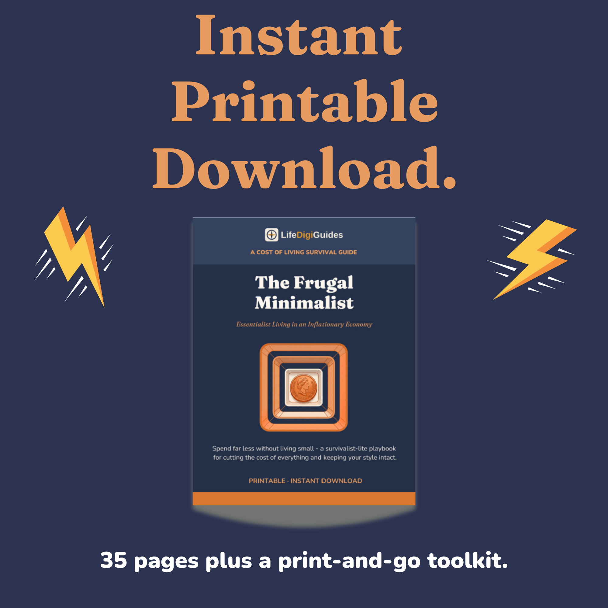 Instant printable PDF download details for the frugal living guide