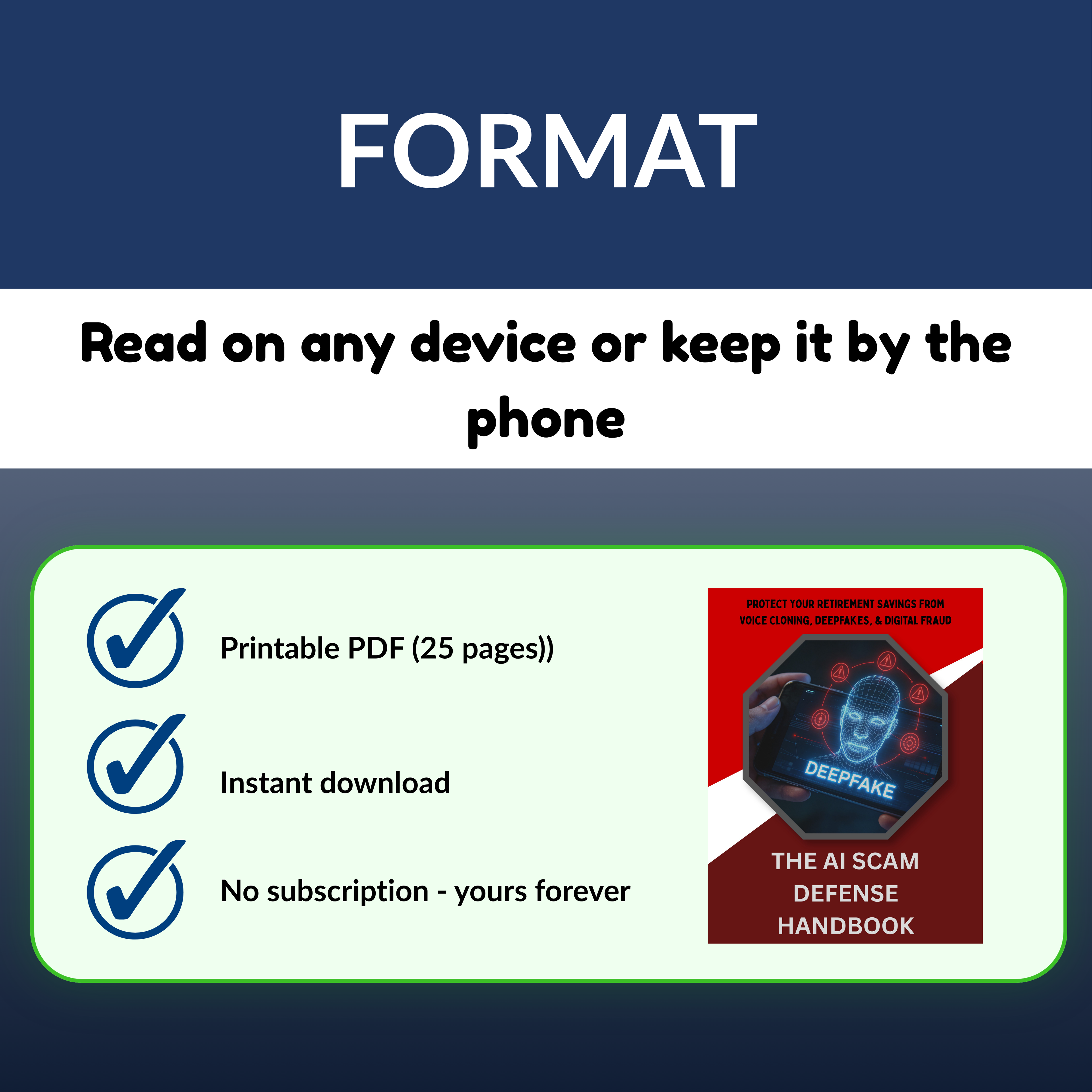 Promotional graphic for 'The AI Scam Defense Handbook' with format details on a blue background.