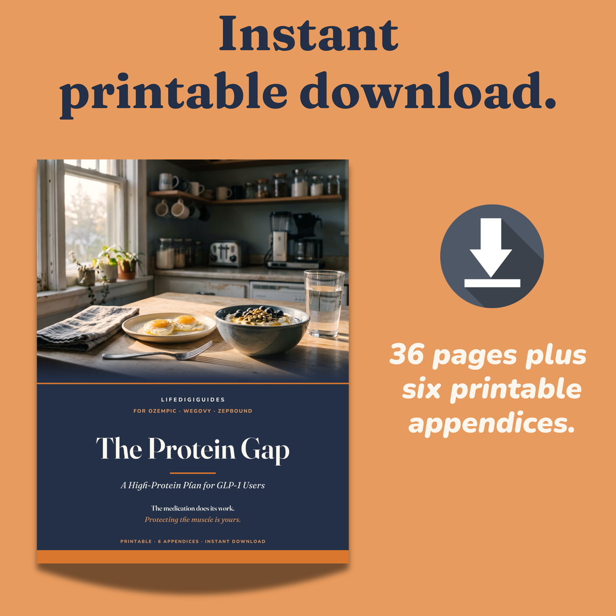 Instant printable PDF download format details for the GLP-1 nutrition guide