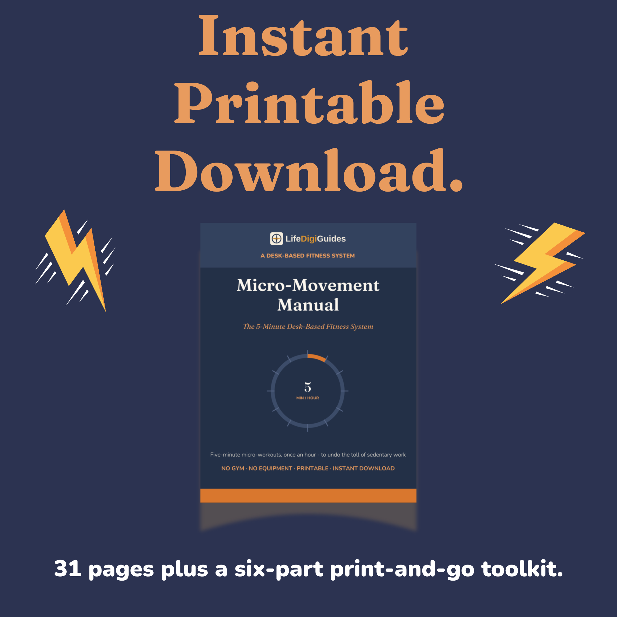 Instant printable PDF download format details for the desk fitness guide