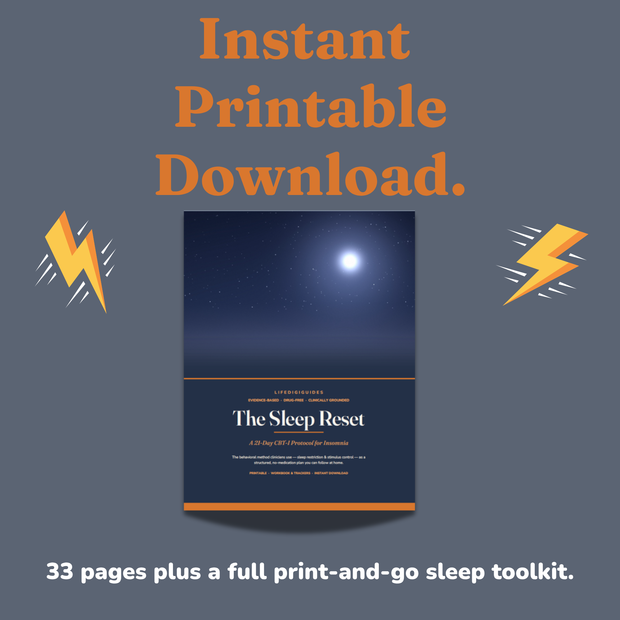 Instant printable PDF download details for the sleep reset workbook