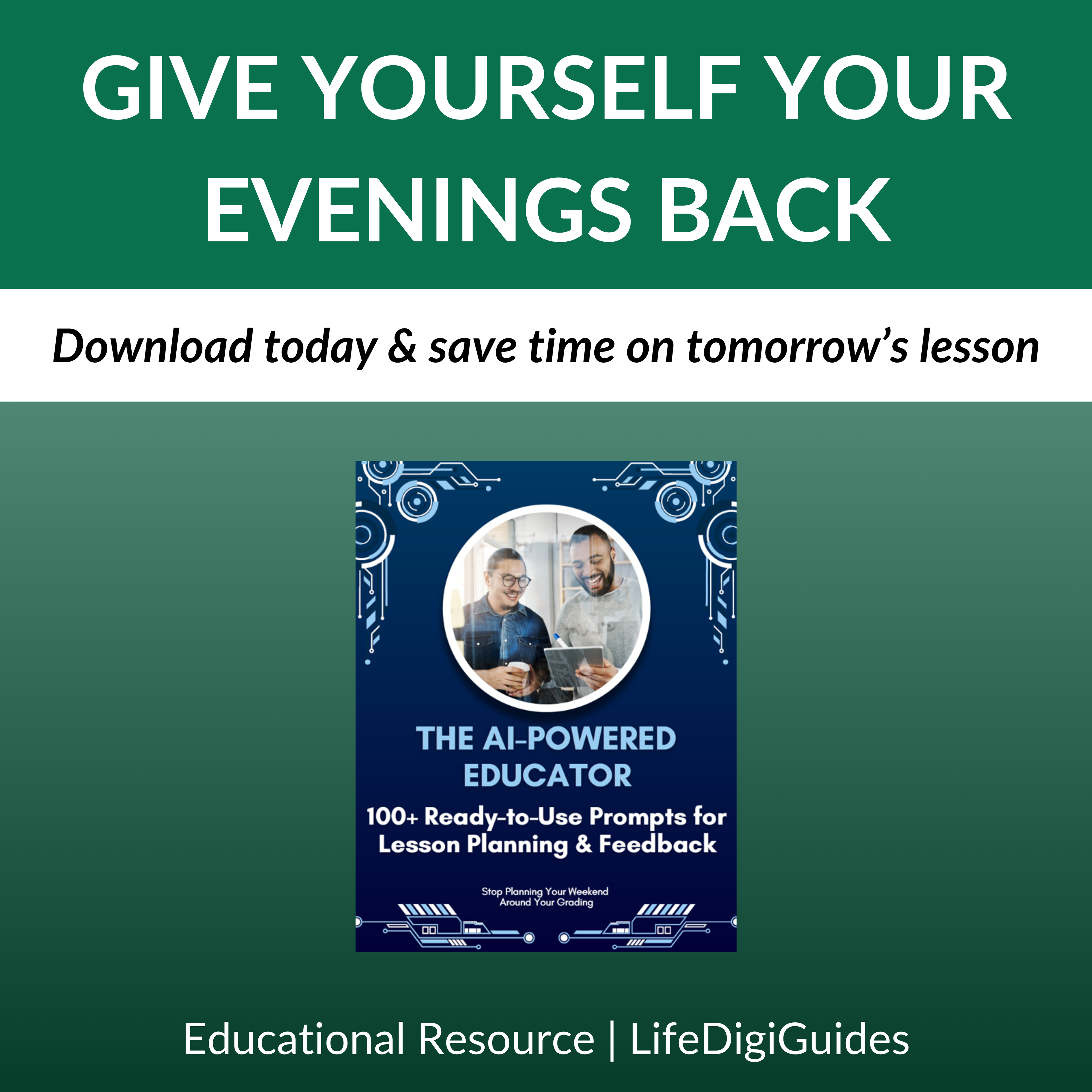 Promotional graphic for 'The AI-Powered Educator' book with a call to action on a green background.