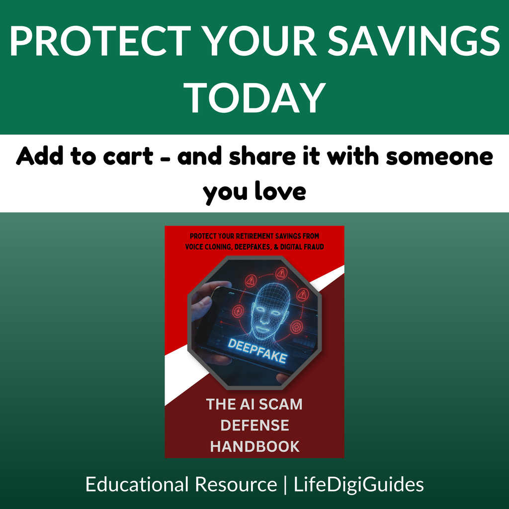 Book cover of 'The AI Scam Defense Handbook' with promotional text on a green background
