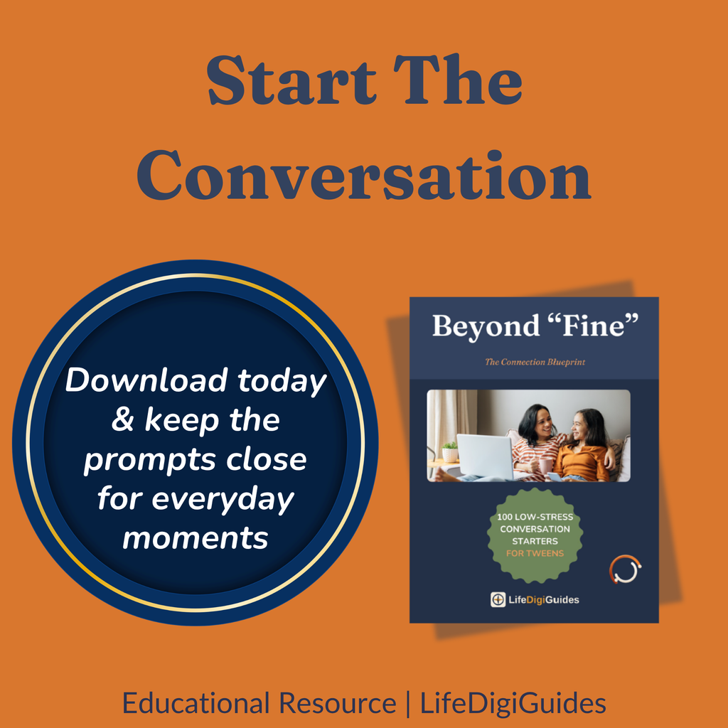 Parent and tween talking side by side during an everyday moment
