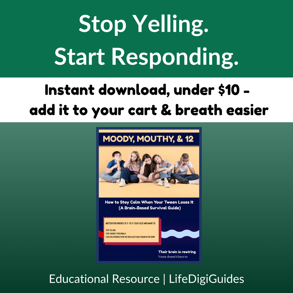 Call to action to download the Moody, Mouthy & 12 tween parenting guide today