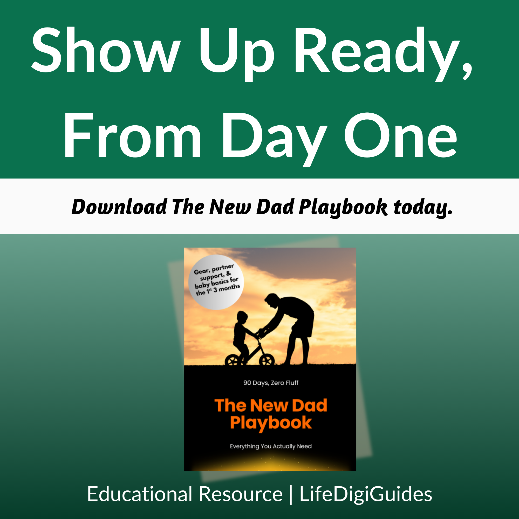 Promotional graphic for 'The New Dad Playbook' with a silhouette of a father and child on a bike against a sunset, on a green background.