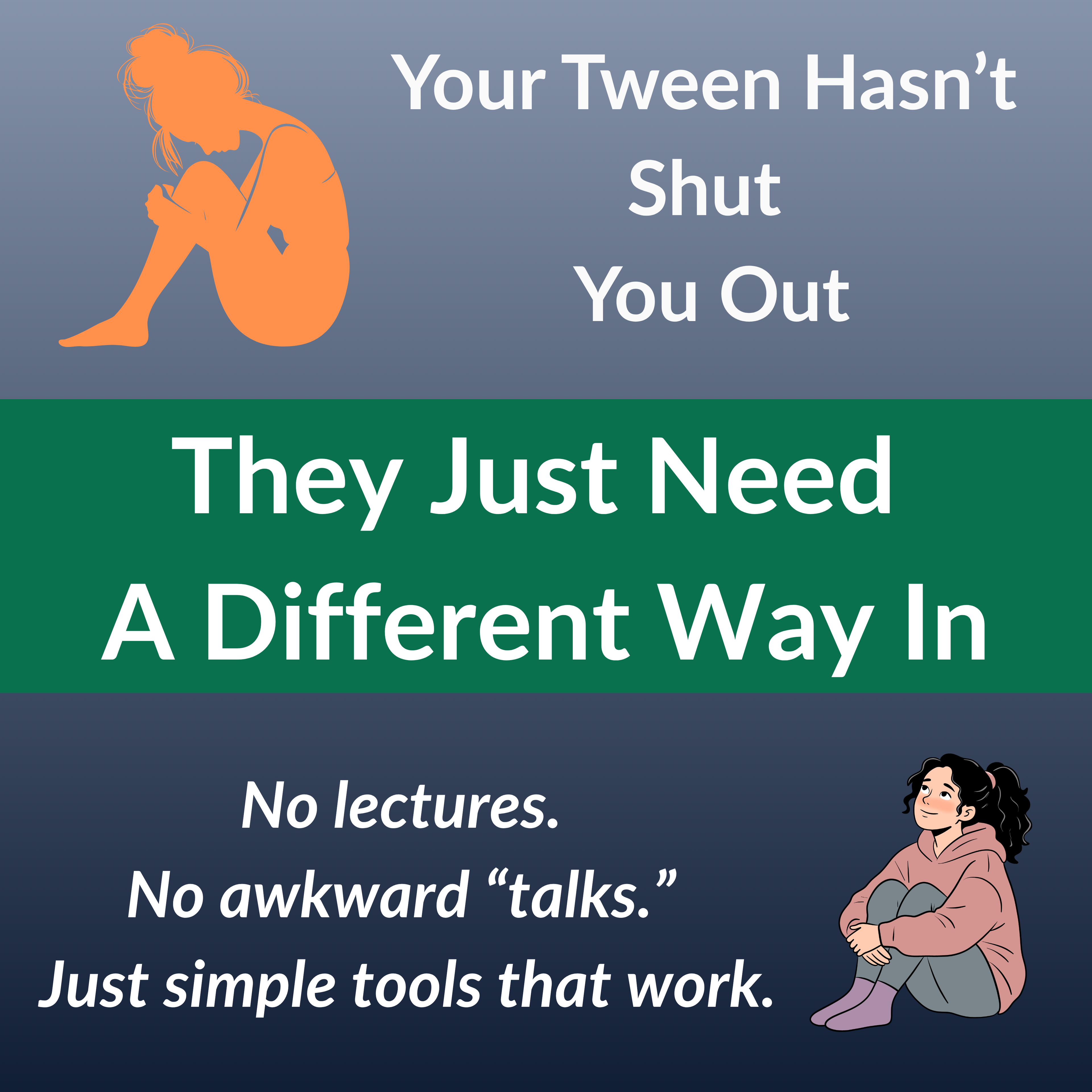Book cover with two illustrations of children and text about communication strategies for tweens.