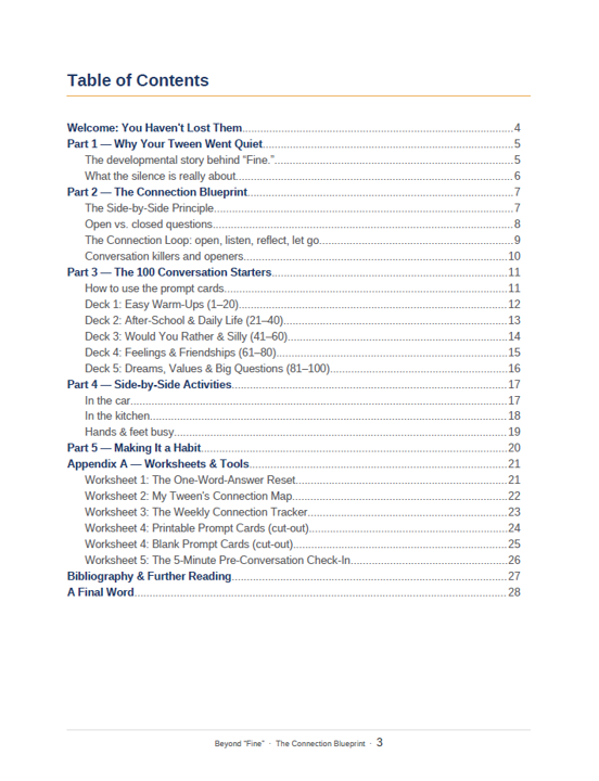 Table of contents for Beyond "Fine": 100 Low-Stress Conversation Starters for Tweens