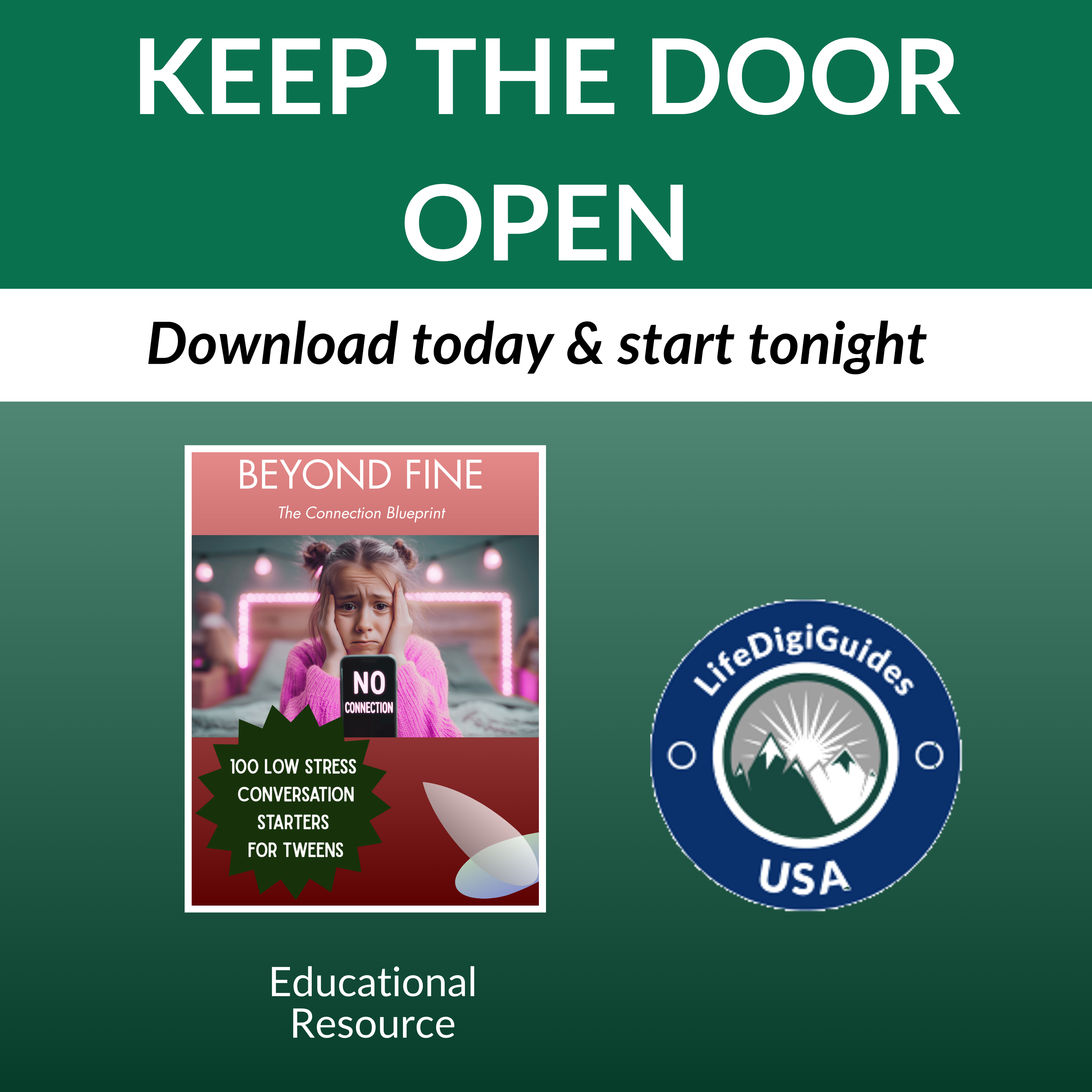 Promotional graphic for 'Beyond Fine' book with text 'Keep the Door Open' and 'LifeDigiGuides USA' logo on a green background.
