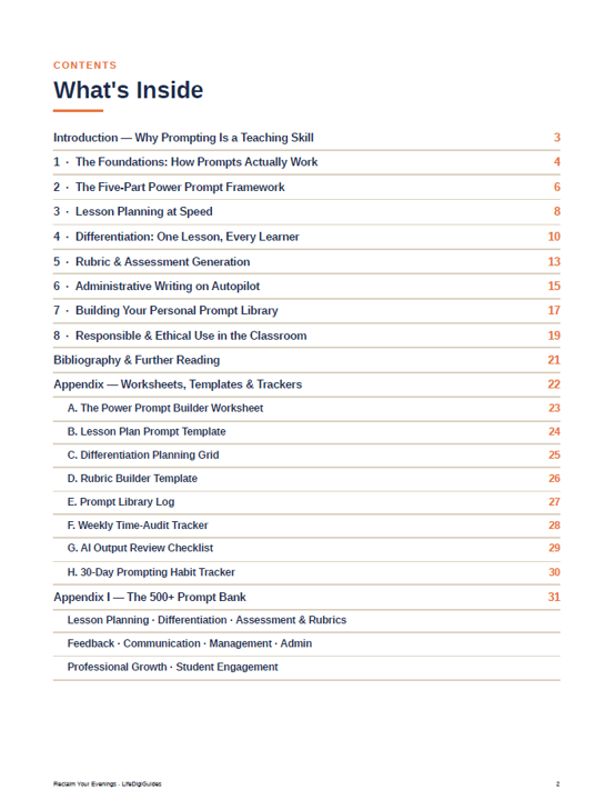 table of contents for reclaim your evening