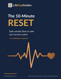 Navy cover of The 10-Minute Reset guide with a gold heartbeat line — daily somatic flows to calm your nervous system.