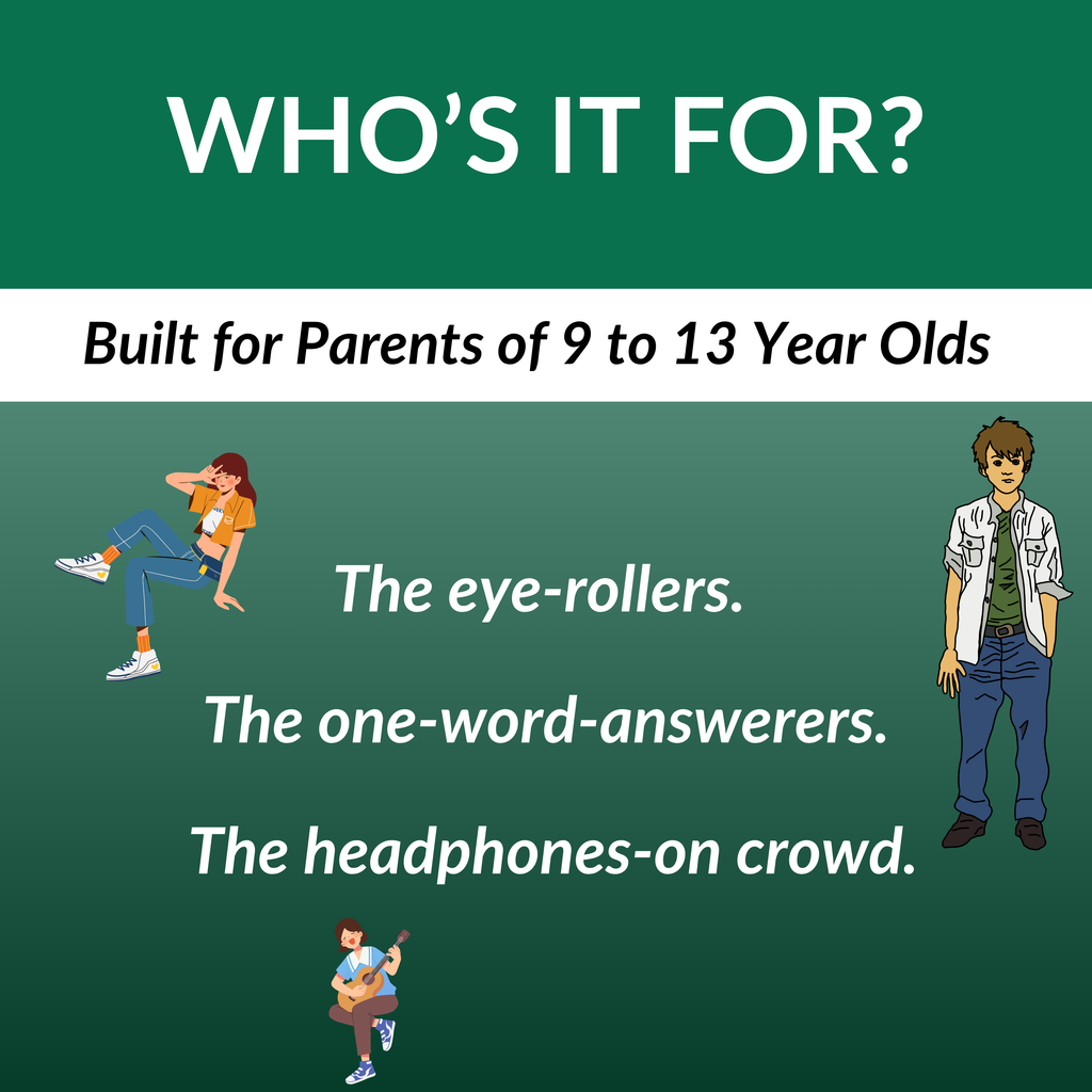Text and illustrations on a green background about content suitability for parents of 9 to 13 year olds.